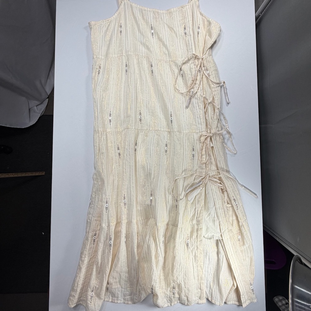 Shyanne Cream Gold Metallic Boho Western Tie Side Festival Dress XXL Flowy